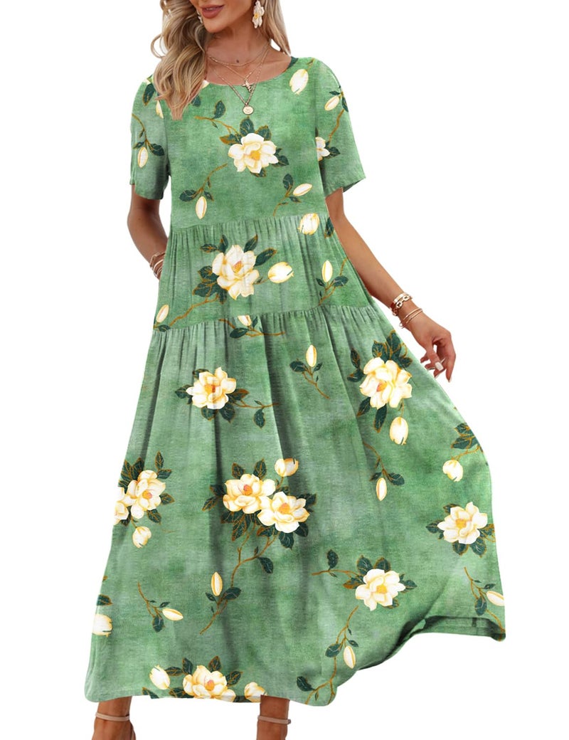 YESNO Women Casual Loose Bohemian Floral Dress with Pockets Short Sleeve Long Maxi Summer Beach Swing Dress M EJF CR19 - Image 1